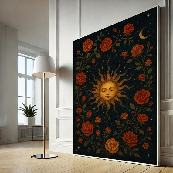 Sun Floral Celestial Canvas Art Boho Starry Night Wall Print Spiritual And Flowers Poster Ready To Hang Decor