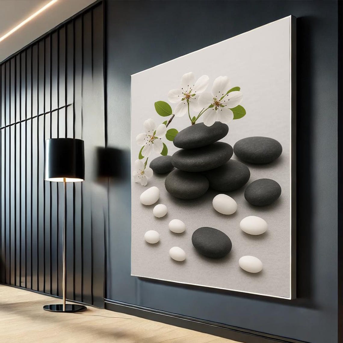 Zen Stones Cairn White Blossoms Minimalist Spa Balance Wall Poster