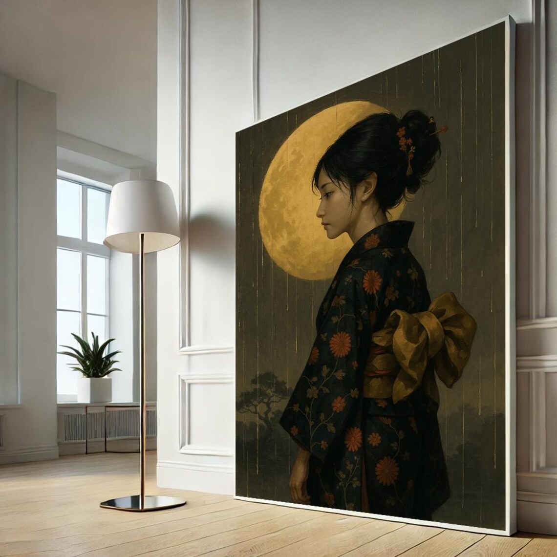 Japanese Geisha Woman Moonlit Kimono Gold Moon Elegant Wall Decor Art Print
