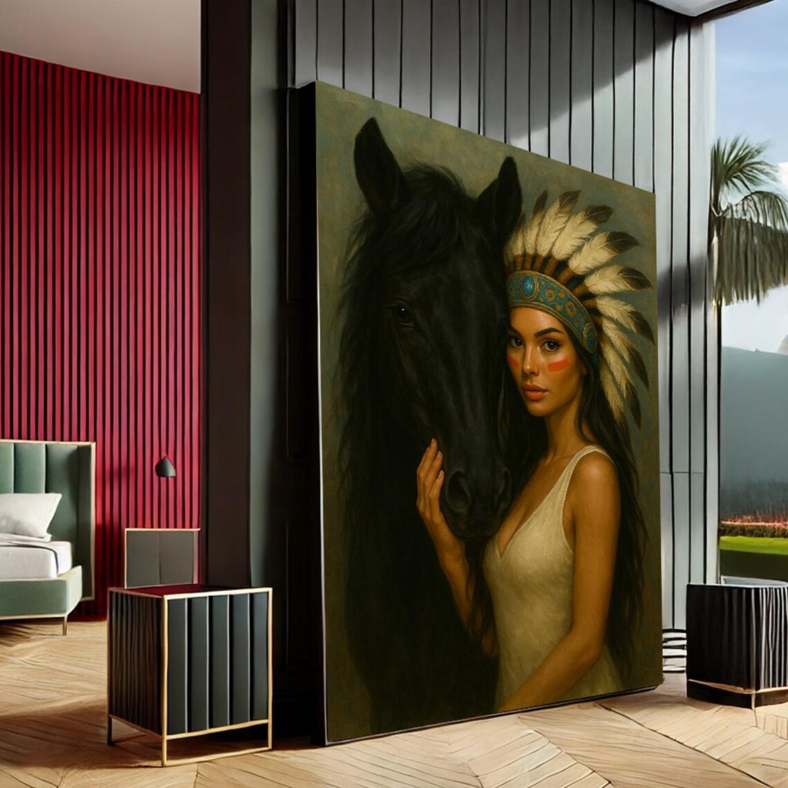Mystical Woman and Horse Portrait Feathered Headdress Earthy Tones Poster