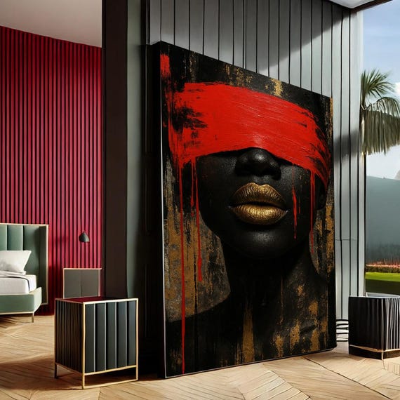 Bold Woman Modern Abstract Canvas Wall Art Print Red Gold Living Room Decor Statement Piece