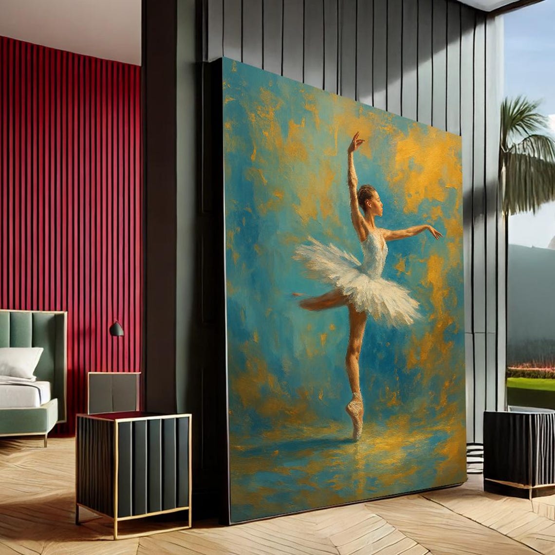 Ballerina in Tutu Gold and Teal Impressionist Dance Painting Print