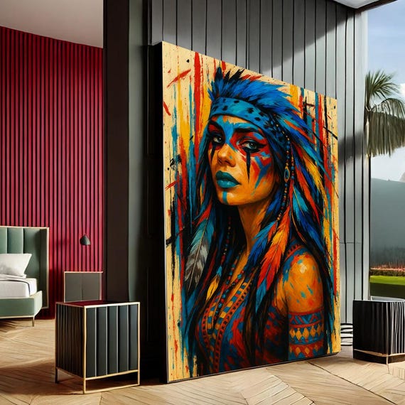 Empowering Native Woman Pop Art Canvas Wall Print Vibrant Living Room Decor Statement Piece