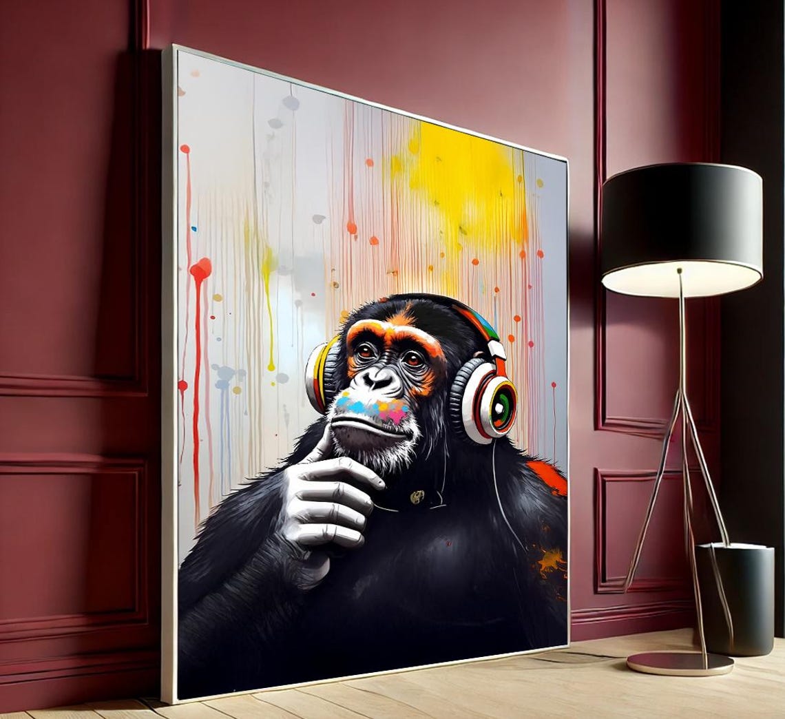 Thinking Monkey Graffiti Canvas Wall Art Colorful Funky Ape Headphone Poster Gift