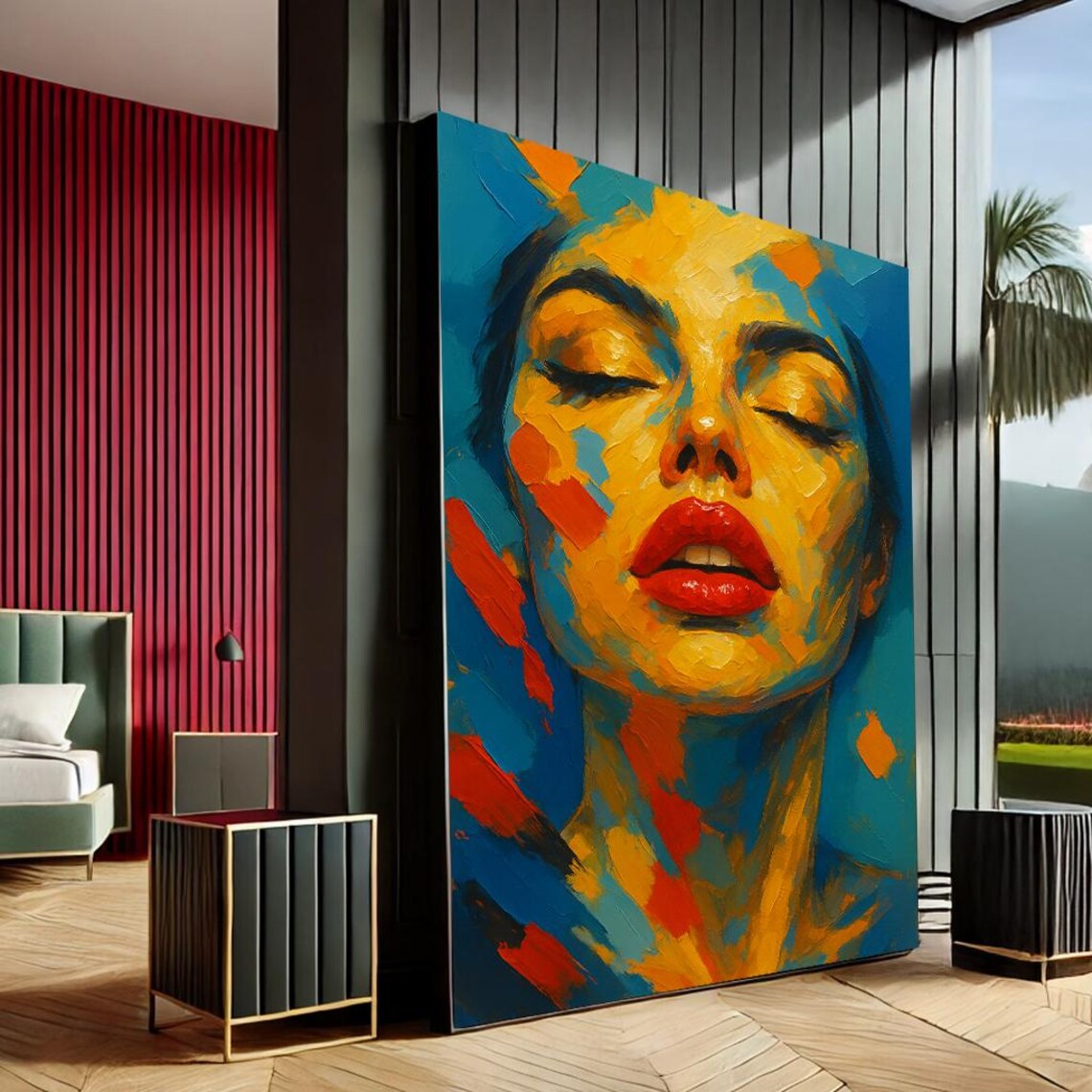Bold Abstract Woman Face Blue Orange Red Modern Portrait Painting Poster