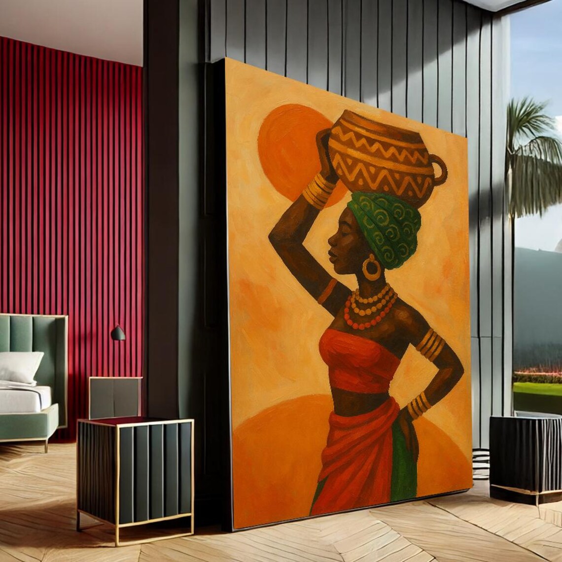 African Woman Carrying Clay Pot Orange Sunset Cultural Art Wall Poster