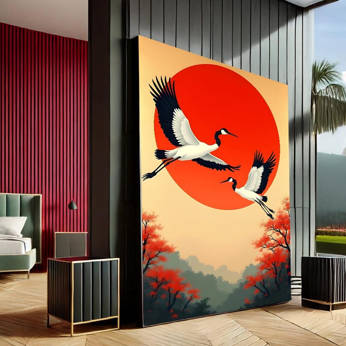 Two Japanese Cranes Flying Past Red Sun With Autumn Maples Wall Art