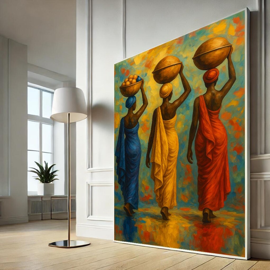 African Women Carrying Baskets Colorful Market Scene Painting Art Poster