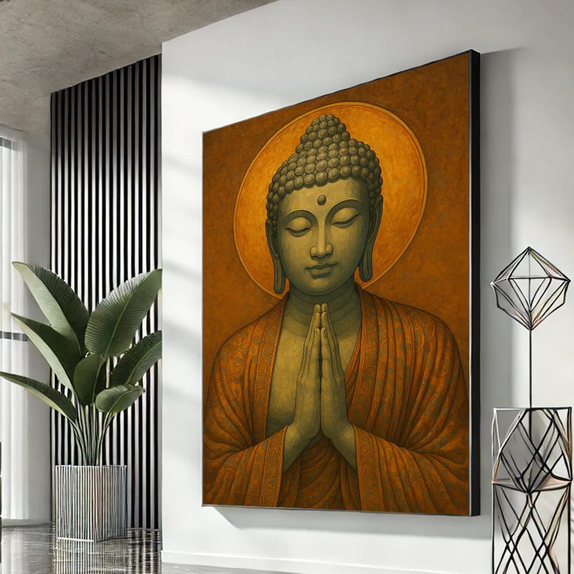 Serene Praying Buddha Meditation Zen Spiritual Golden Wall Print