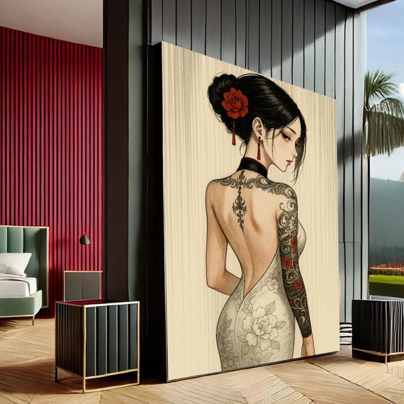 Elegant Woman Ink Art Canvas Wall Print Black Red Bedroom Decor Statement Piece