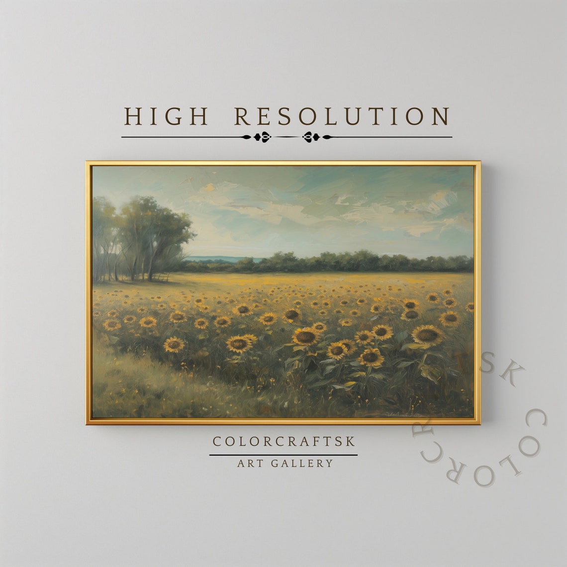 Vintage Landscape Art Of Sunflower Field Farmhouse Art Floral Oil Painting Botanical Wall Art