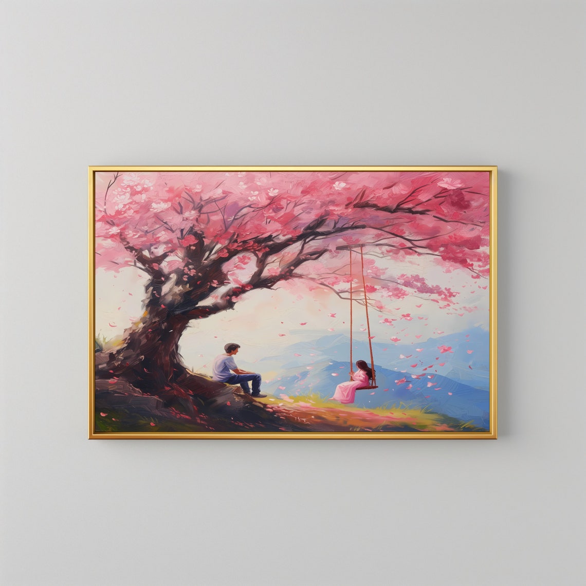 Romantic Couple Under Pink Cherry Blossom Tree Painting Wall Art Print - Image 2