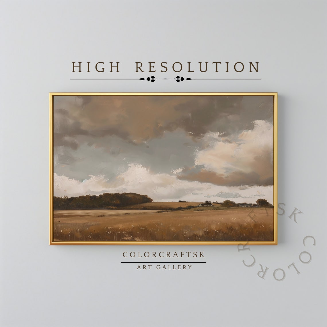 Rustic Golden Field Under Dramatic Cloudy Sky Vintage Landscape Print