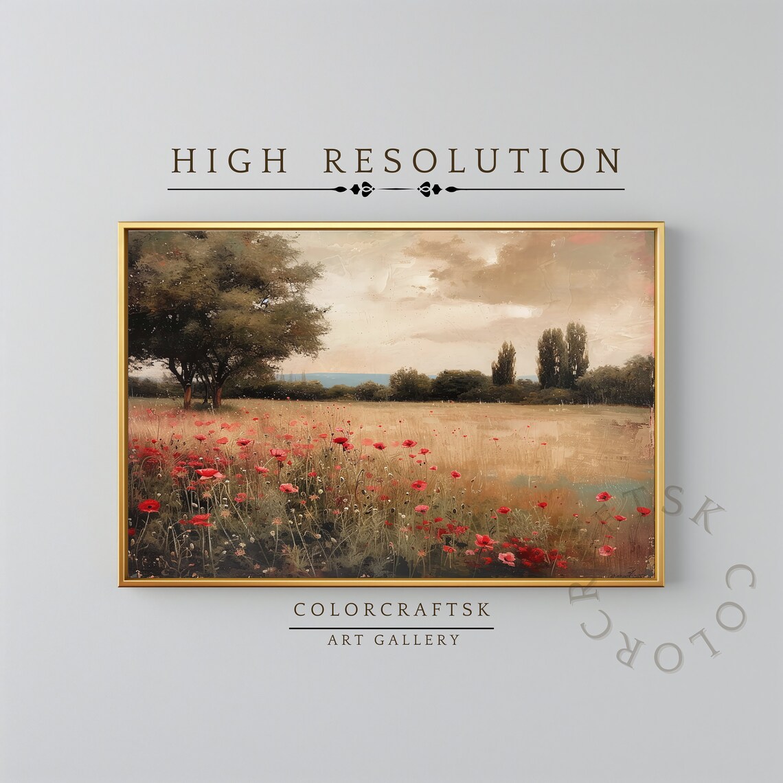 Landscape Poppy Field Wall Art Wild Flower Poster Country Painting Farmhouse Decor Poppy Field Print Instant