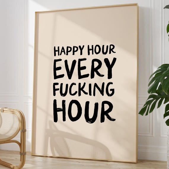 Happy Hour Print Kitchen Natural And Black Wall Art Bar Sign Funny Cocktail Poster