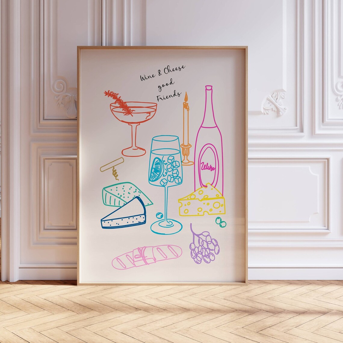 Wine And Cheese Good Friends Colorful Kitchen Gathering Art Poster