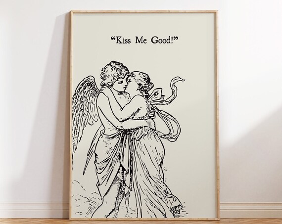Vintage Kissing Art Print Funny Valentines Day Decor Feminine Wall Art Cupid Poster Romantic Print Cute Couple Gift 1 Print