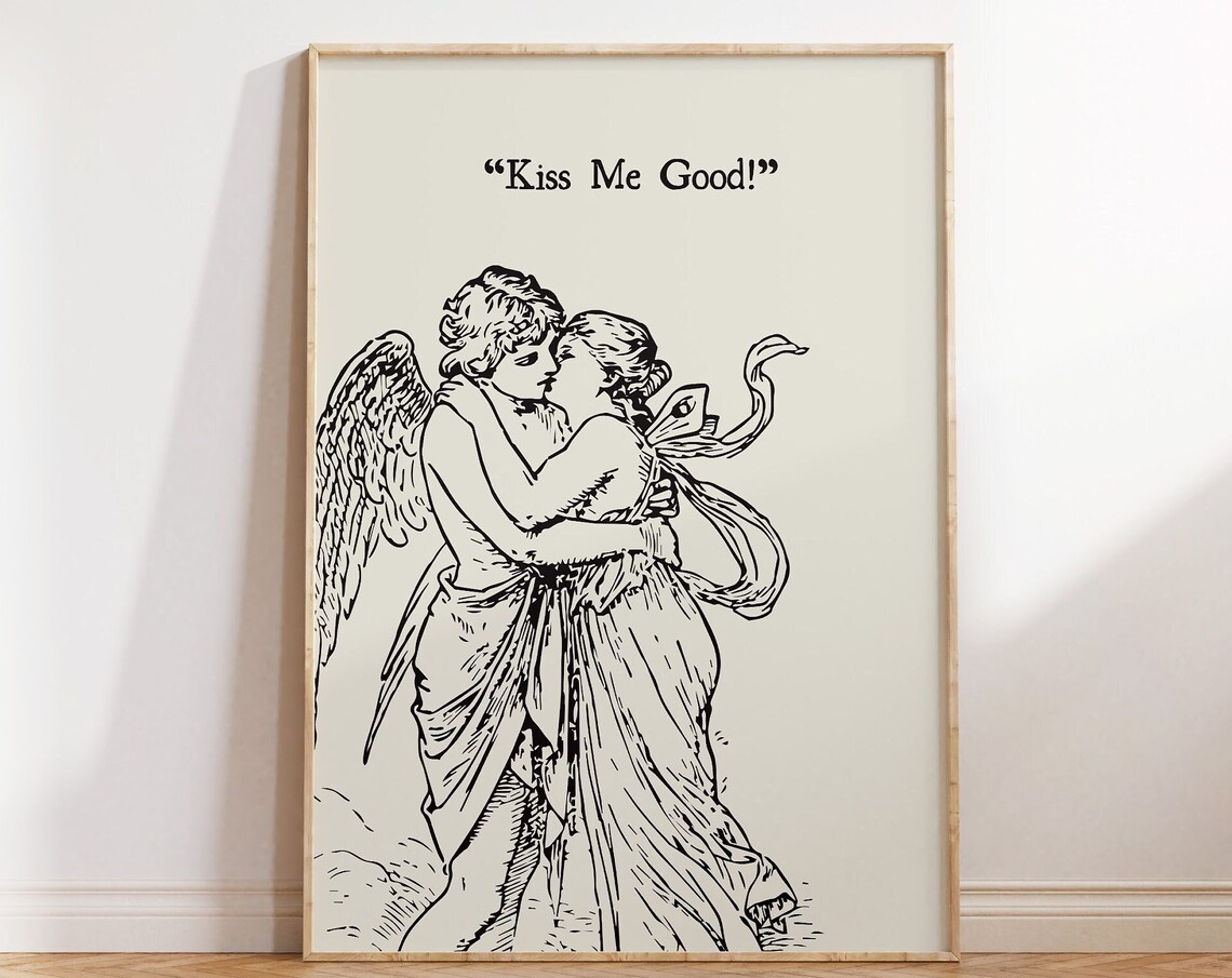 Kiss Me Good Vintage Cupid Kiss Romance Engraving Art Poster
