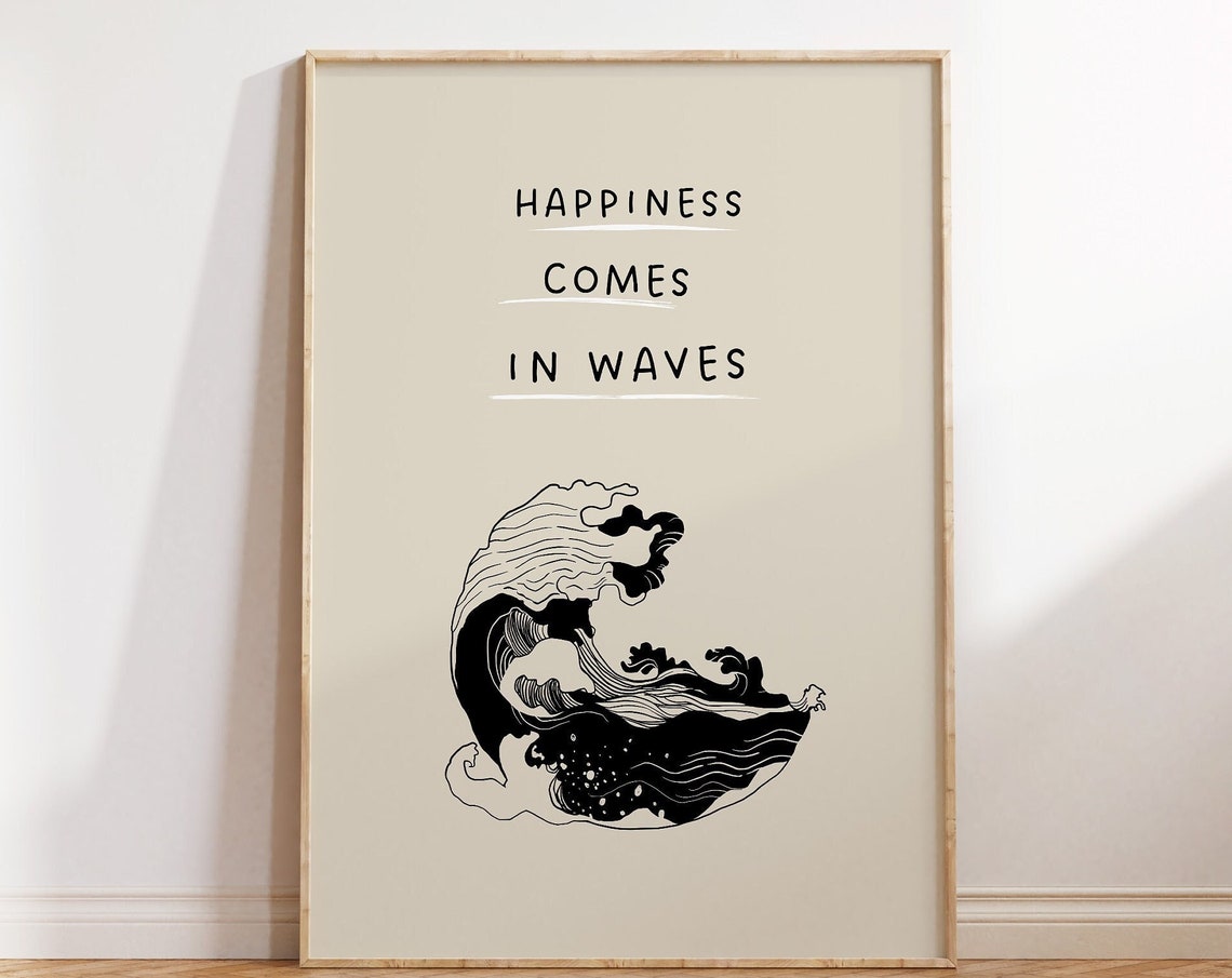 Happiness Comes in Waves Ocean Wave Coastal Surfer Quote Poster