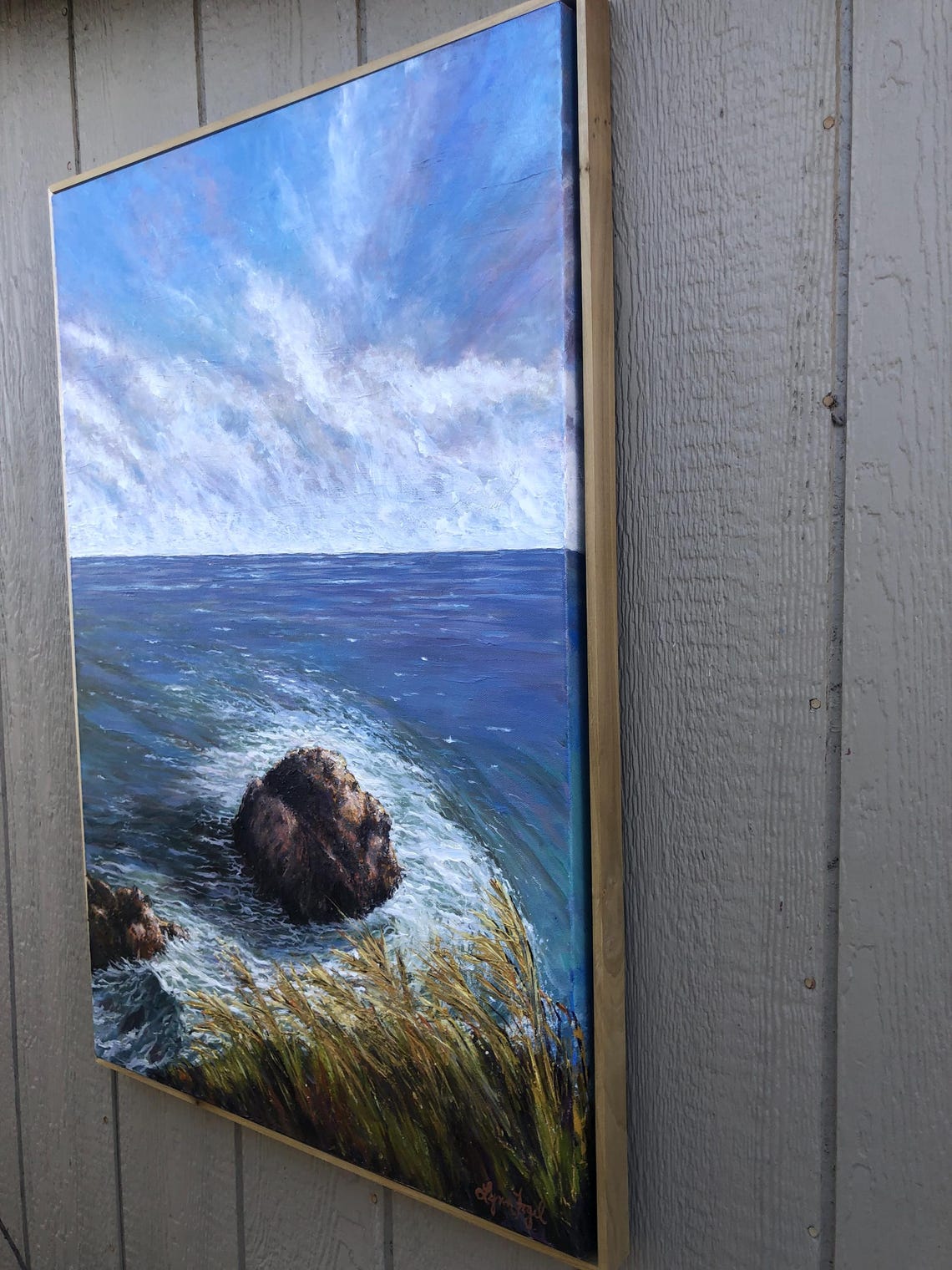 Point Reyes Ocean Lone Rock Waves Grassy Cliffs Painting Poster - Image 3