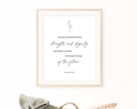 Proverbs 3125 She Is Clothed With Strength And Dignity Nursery Bible Verse Wall Art Modern Scripture Minimalist Christian Decor