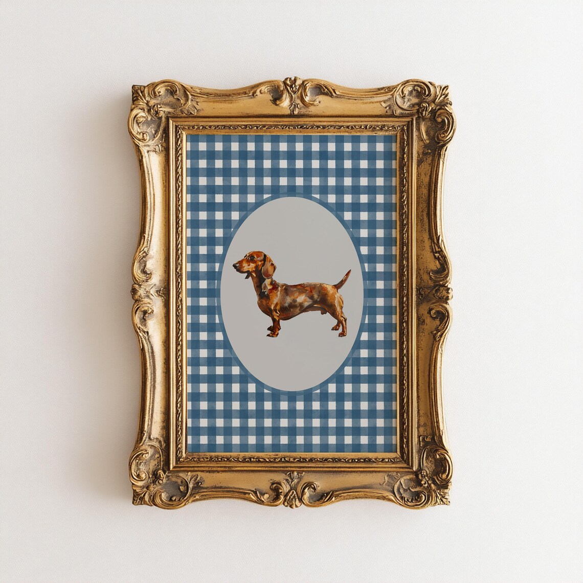 Dachshund Standing Portrait On Blue Gingham Watercolor Poster