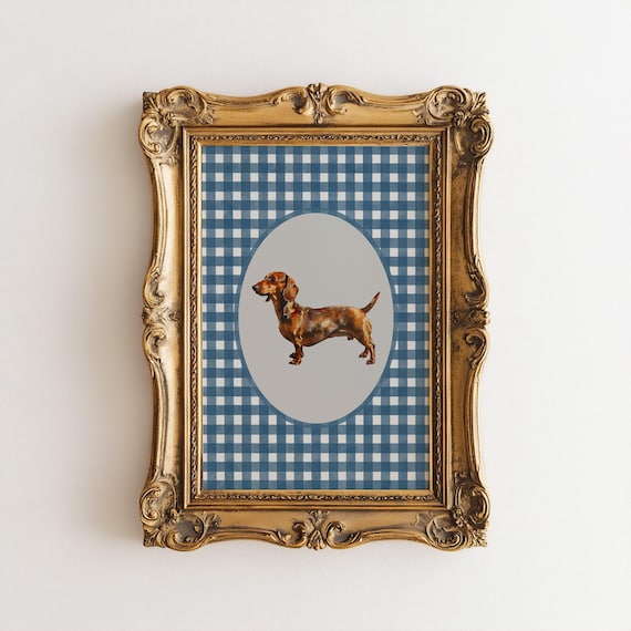 Dachshund Standing Portrait On Blue Gingham Watercolor Poster