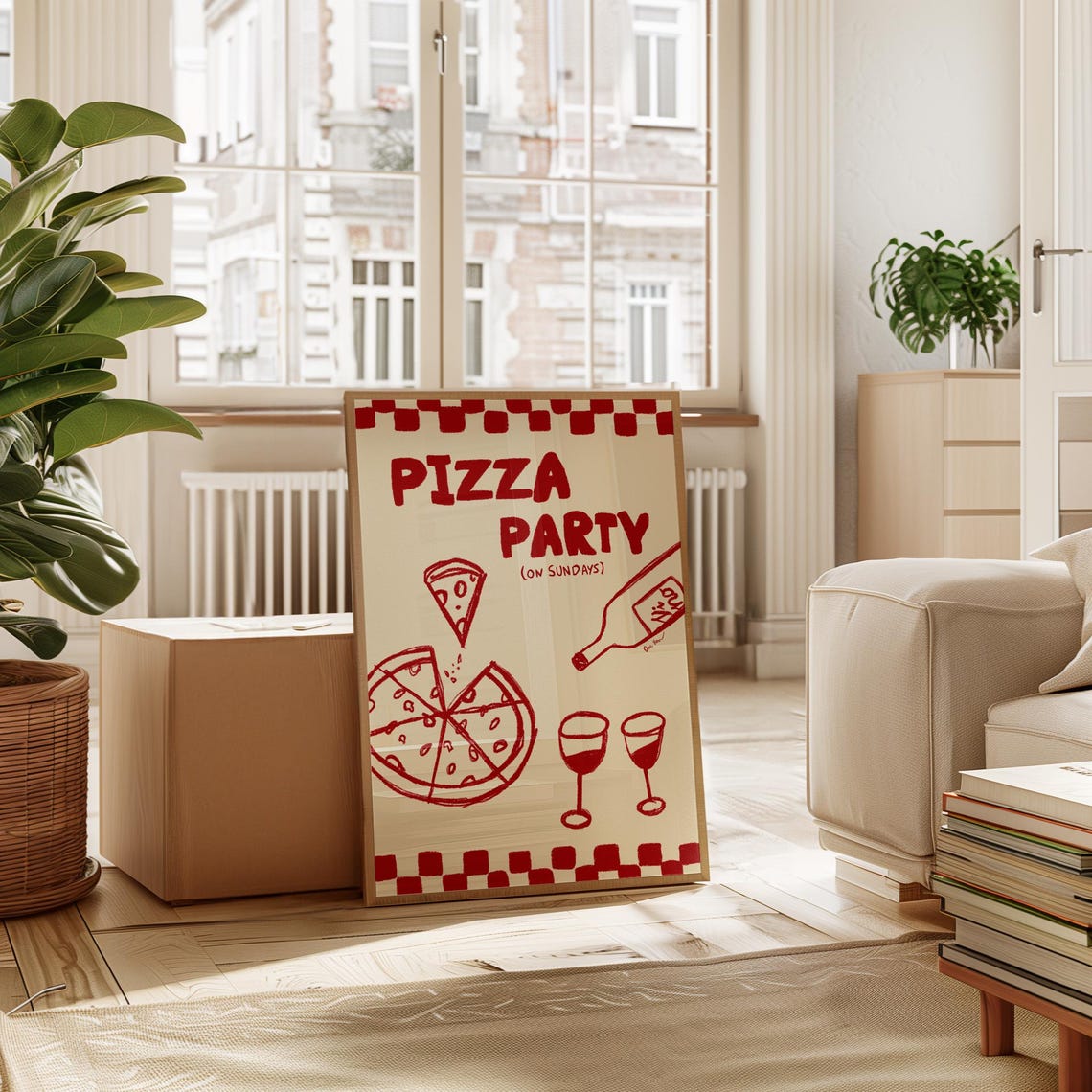 Pizza Party On Sundays Red Retro Kitchen Food Fun Art Poster - Image 2