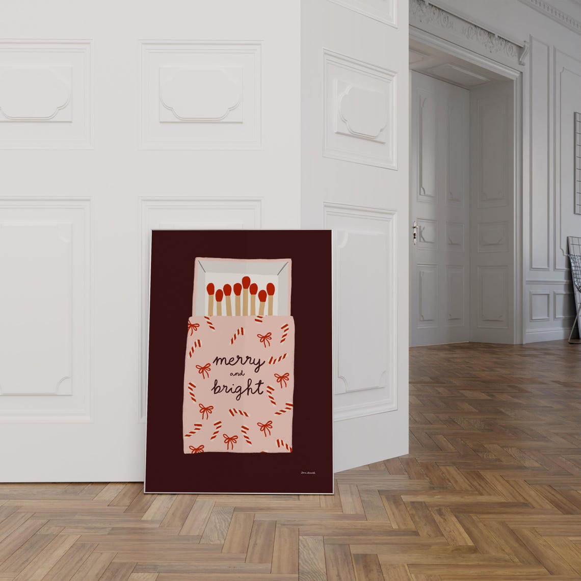 Merry and Bright Pink Bows Matchbox Christmas Holiday Art Poster - Image 2