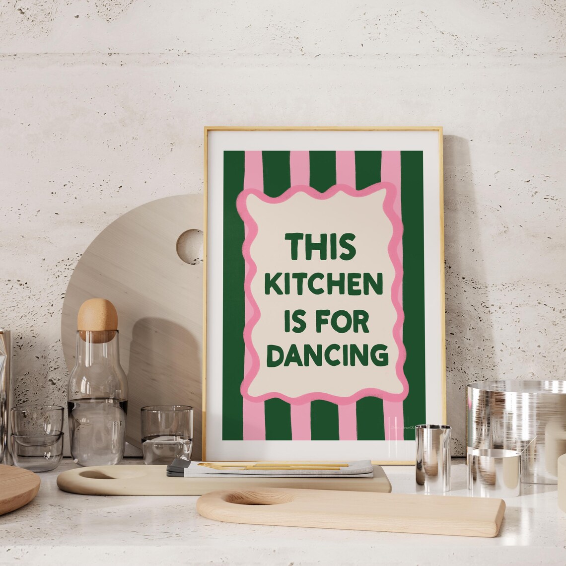 This Kitchen Is For Dancing Green Pink Retro Typography Kitchen Wall Art - Image 4