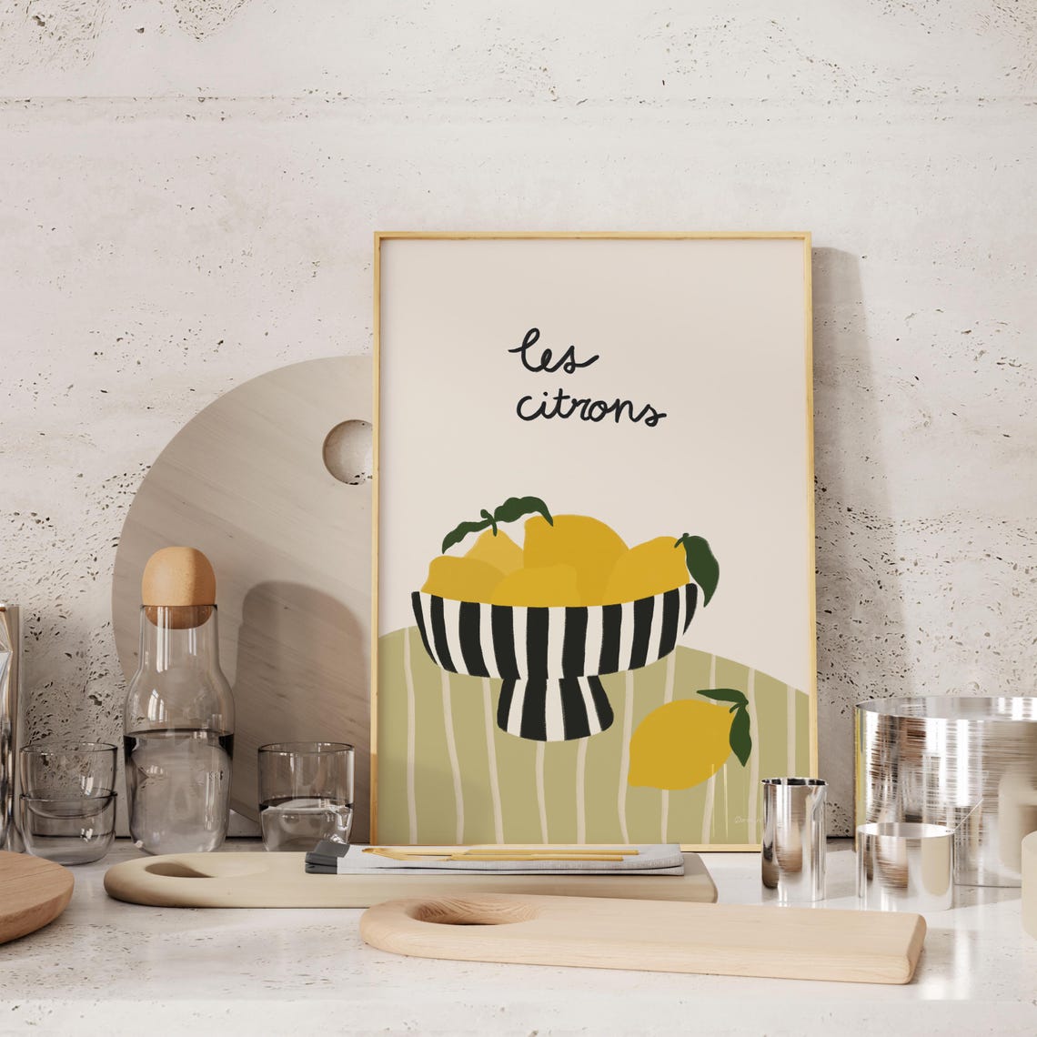 Les Citrons Lemon Bowl Striped French Still Life Kitchen Poster - Image 2