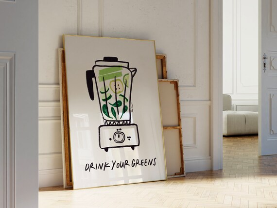 Drink Your Greens Wall Art Leafy Greens Print Hand Drawn Blender With Vegetables Art Print Modern Kitchen Wall Art Retro Health Poster