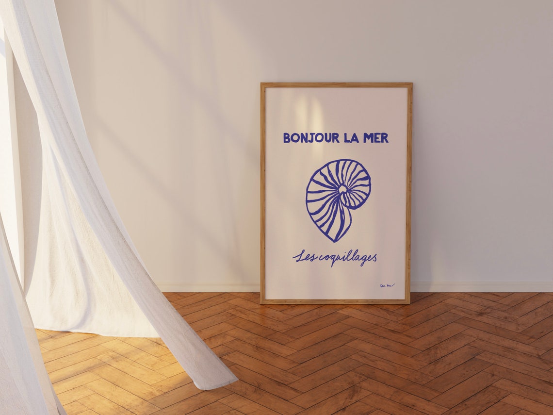 Bonjour La Mer Blue Nautilus Shell French Coastal Decor Poster - Image 2