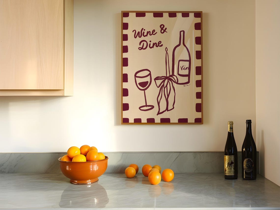 Wine And Dine Hand Drawn Wine Illustration Kitchen Retro Poster