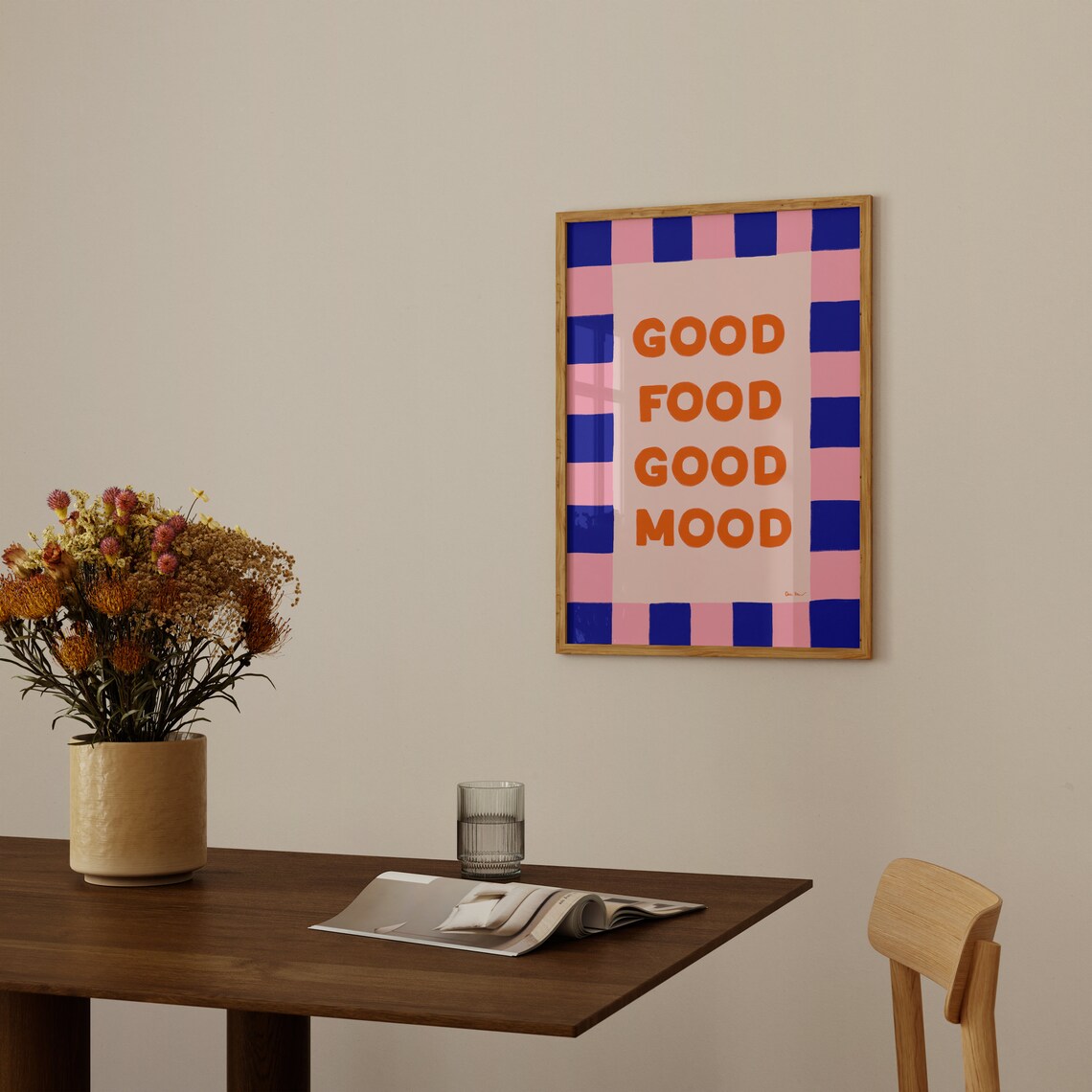 Good Food Good Mood Retro Blue And Pink Checkered Kitchen Poster - Image 4