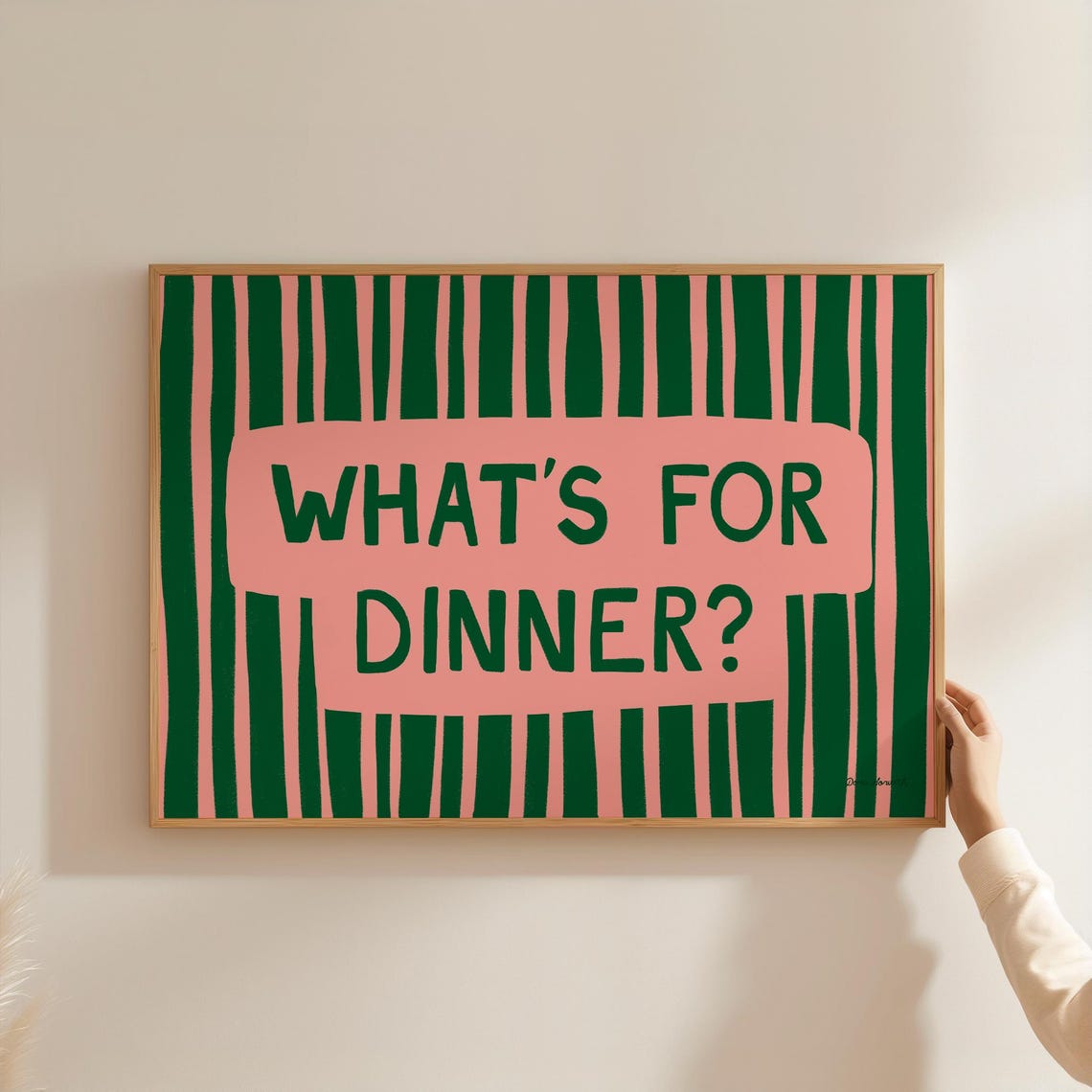 Whats For Dinner Green Pink Striped Funny Kitchen Quote Poster