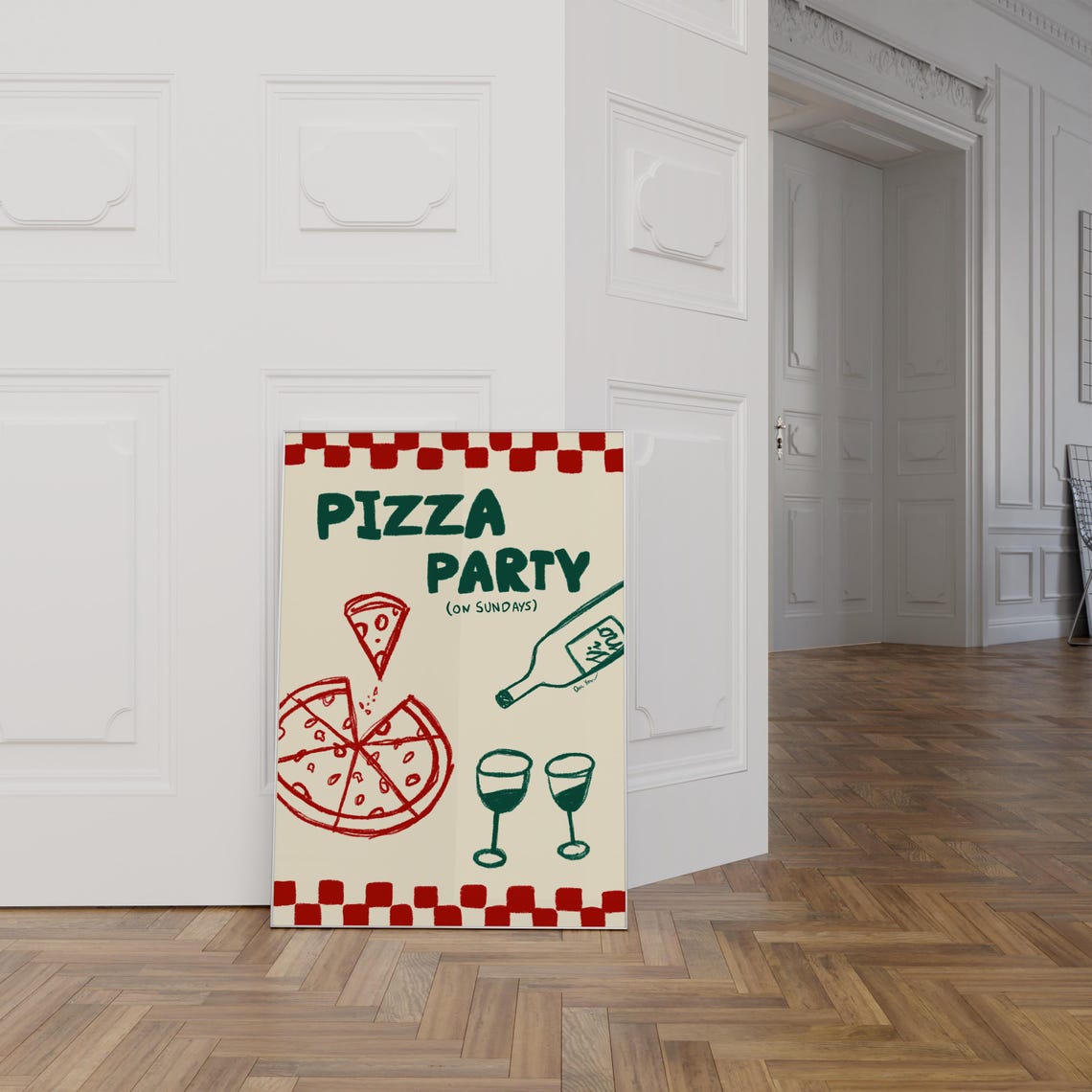 Pizza Party On Sundays Retro Kitchen Food Illustration Poster - Image 2