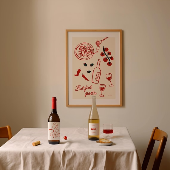 But First Pasta Red Line Art Italian Dinner Wine Illustration Poster