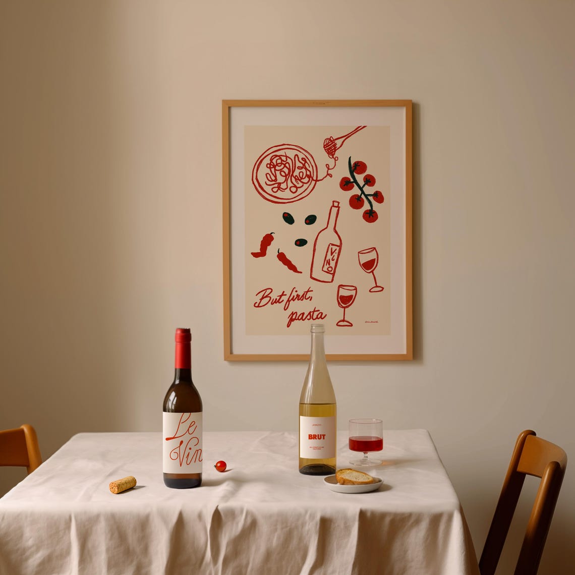 But First Pasta Red Line Art Italian Dinner Wine Illustration Poster