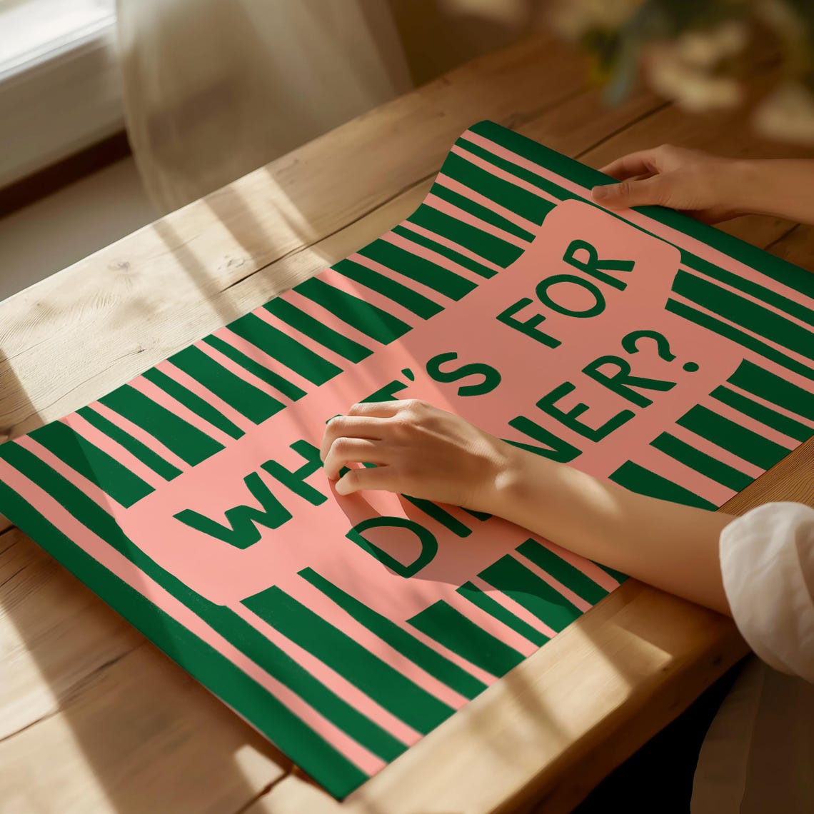 Whats For Dinner Green Pink Striped Funny Kitchen Quote Poster - Image 2