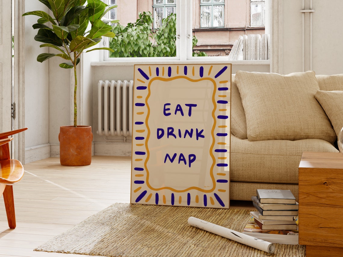 Eat Drink Nap Blue Gold Sunburst Kitchen Typography Wall Art - Image 2