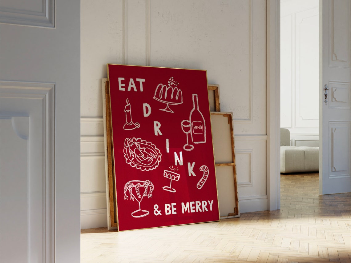 Festive Eat Drink And Be Merry Red Christmas Dinner Party Poster