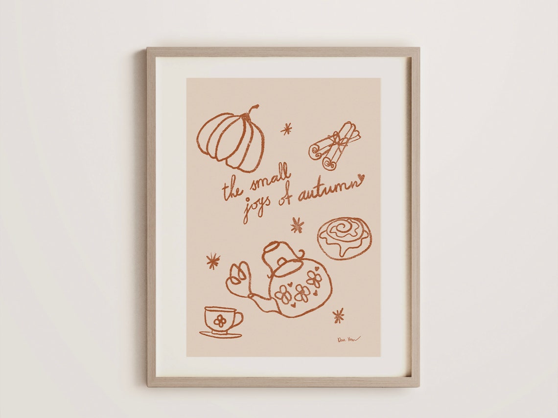 The Small Joys Of Autumn Pumpkin Tea Copper Line Art Fall Wall Art - Image 2