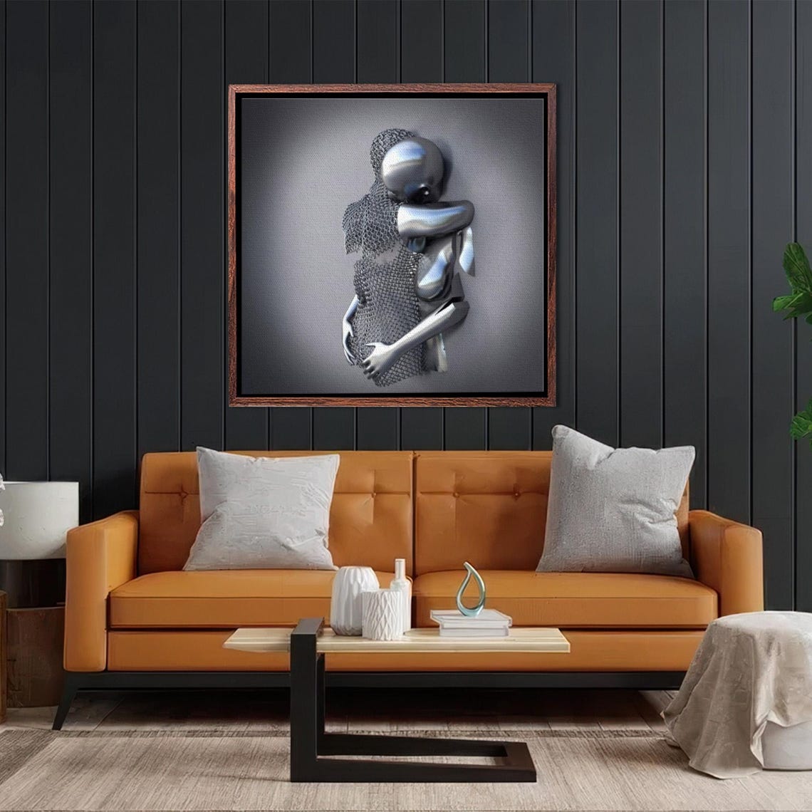 Silver 3D Metallic Effect Embracing Couple Modern Love Art Poster - Image 2