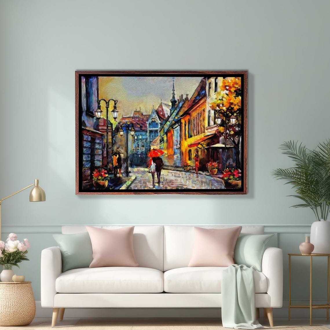 Rainy Evening Kiev Street Red Umbrella Vintage Travel Poster