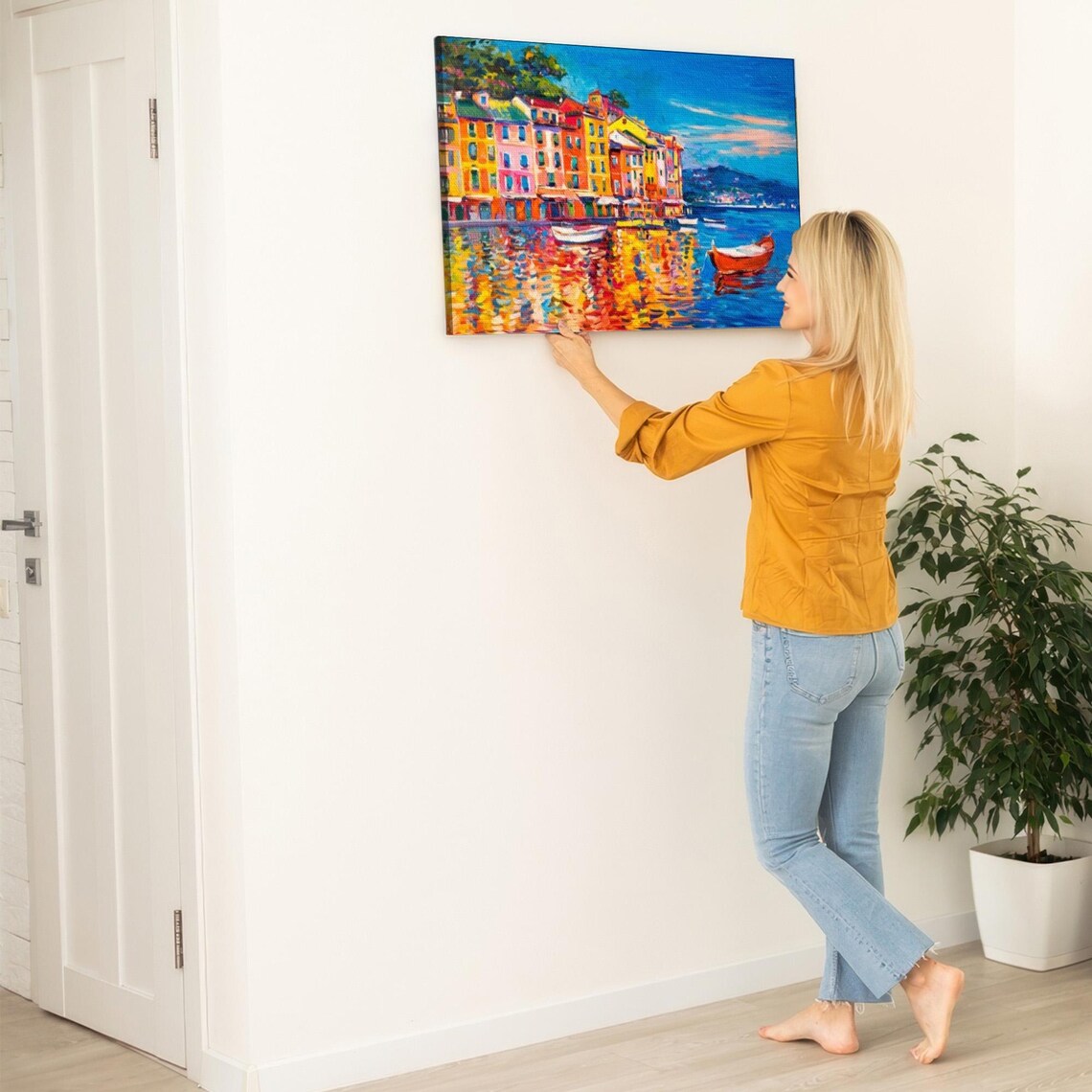 Colorful Italian Coastal Town With Boats Seaside Oil Painting Poster - Image 5