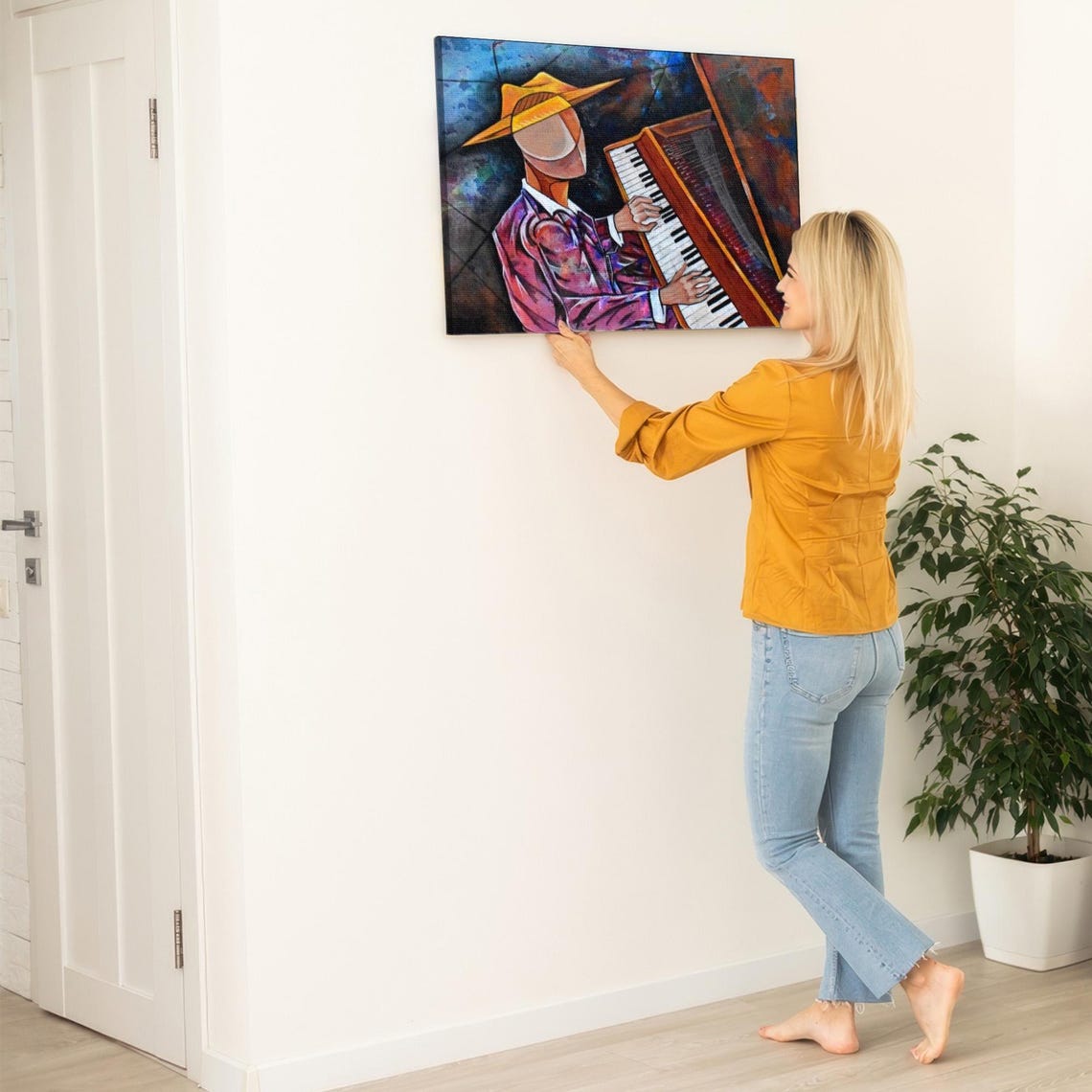Cubist Man in Yellow Hat Playing Grand Piano Music Art Poster - Image 5