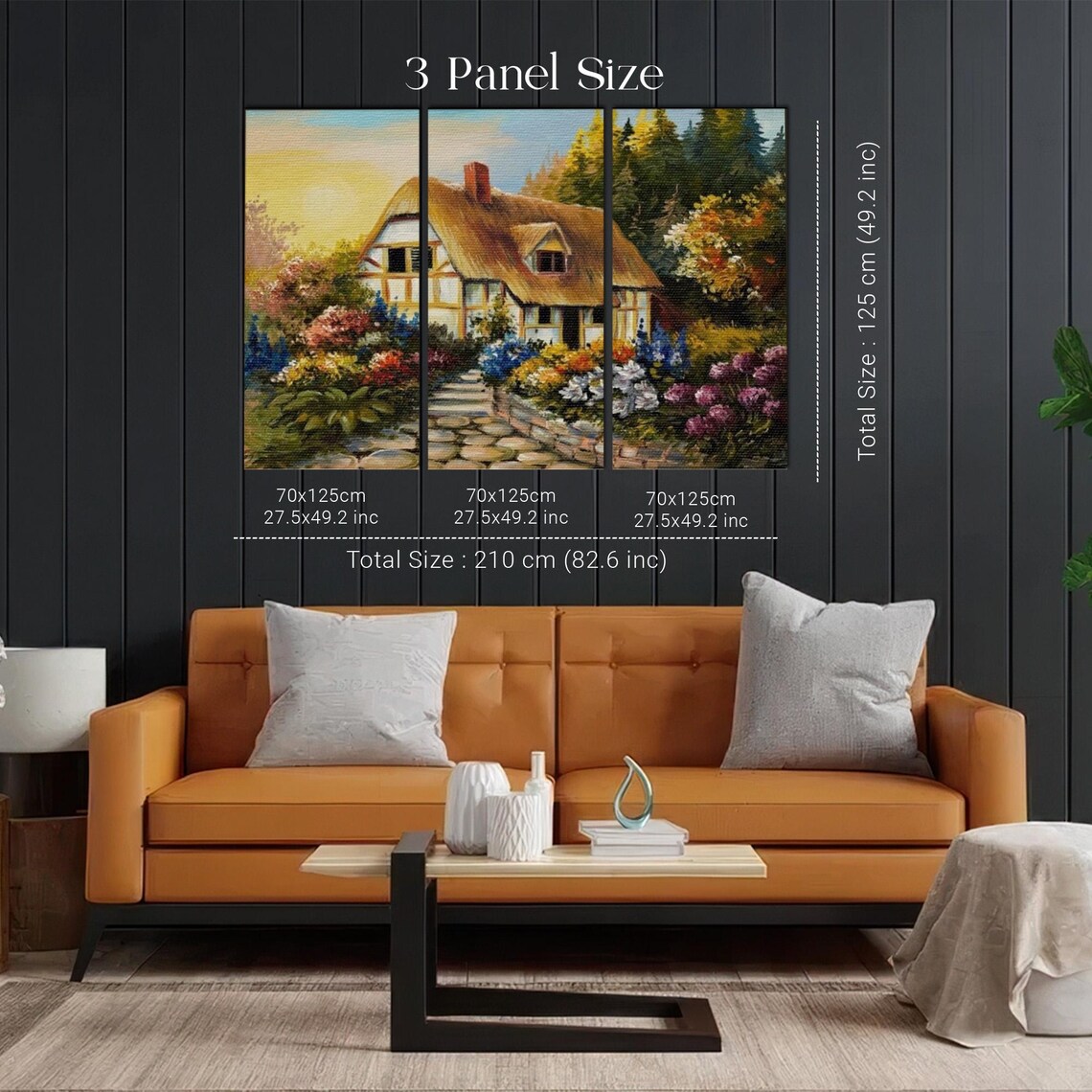 Thatched Roof Cottage Garden Blooming Flowers Sunset Painting Poster - Image 2