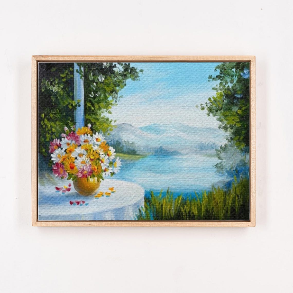 Flower Bouquet In Gold Vase Overlooking Serene Lake View Poster - Image 4