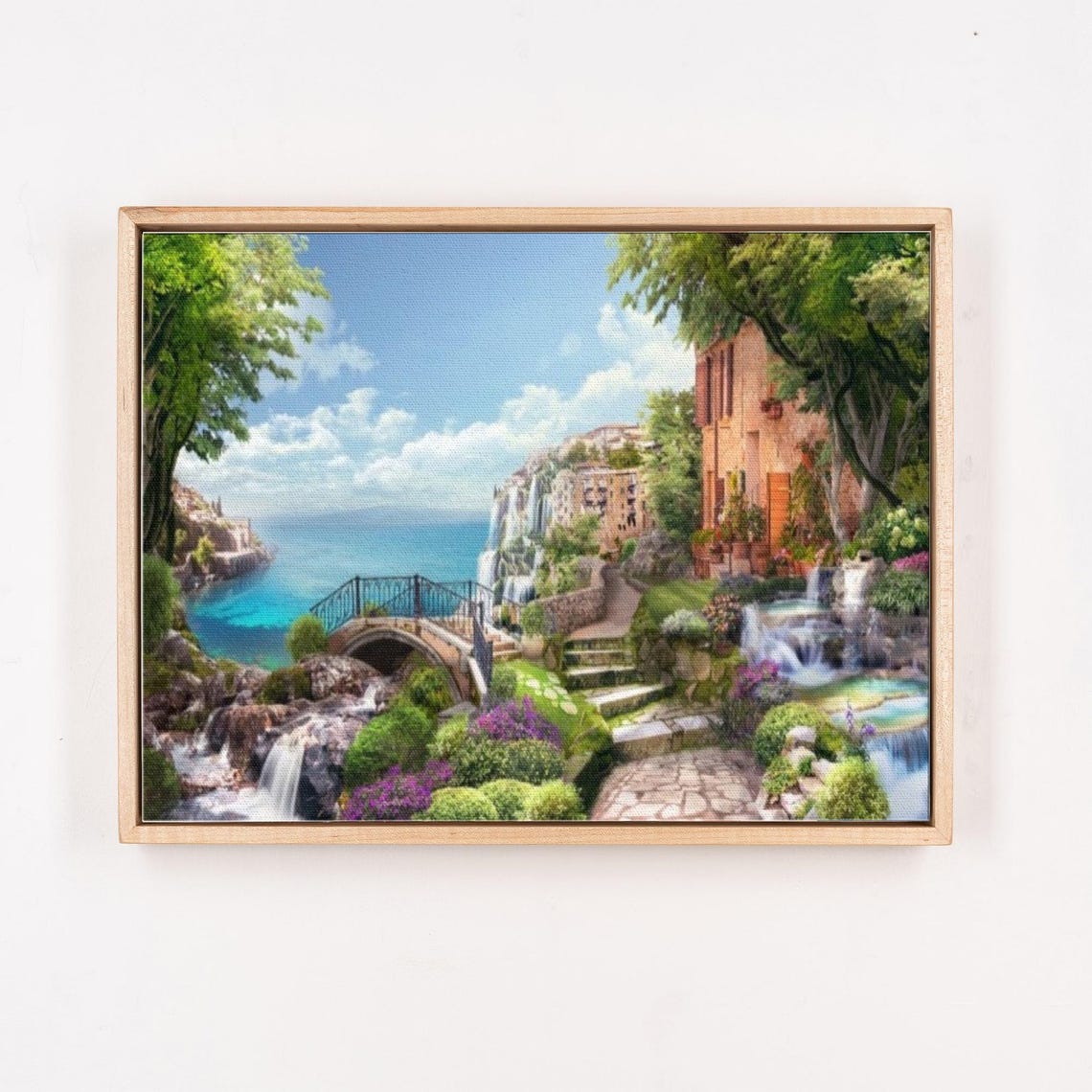 Italian Coastal Town With Stone Bridge Waterfalls And Flowers Poster - Image 4